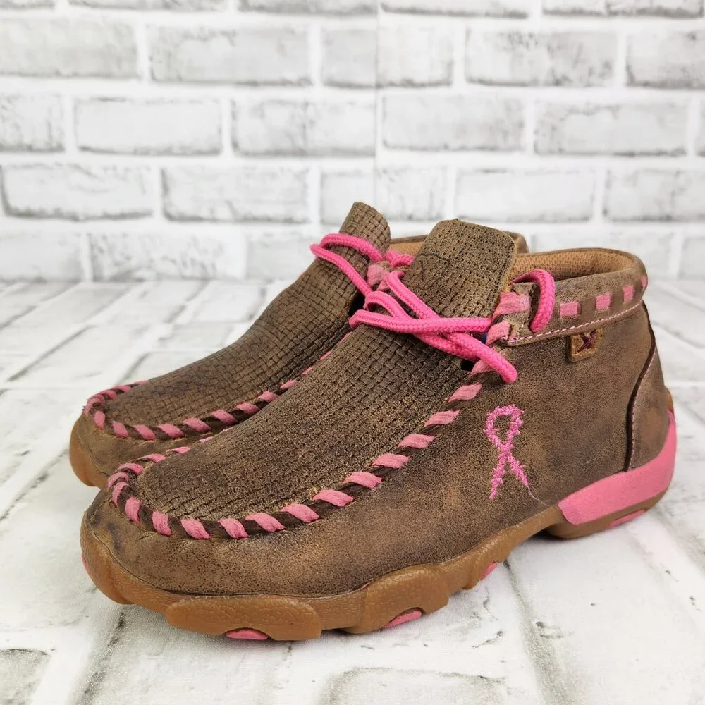 Twisted X Chukka Driving Breast Cancer Mocs Youth 12.5 Brown Leather Ankle Boots